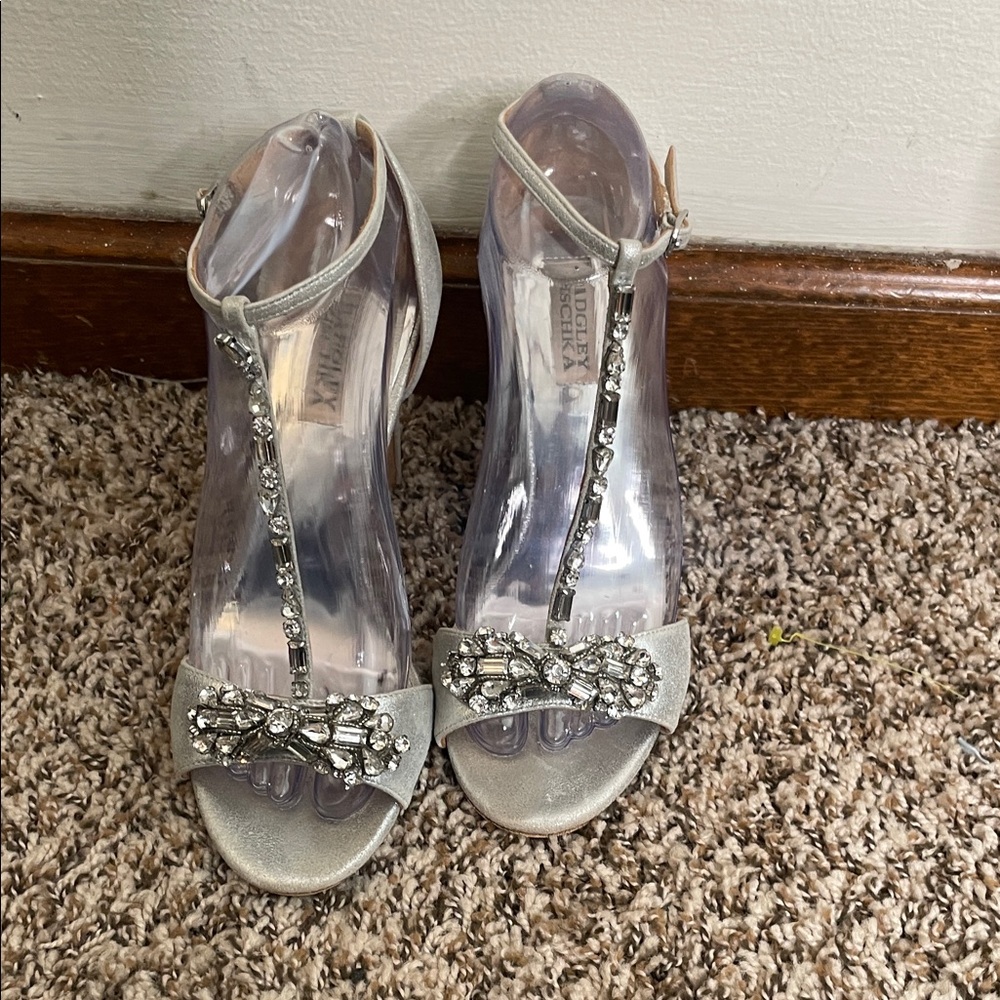 Badgley Mischka Silver Crystal-Embellished T-Strap Heels with Bow